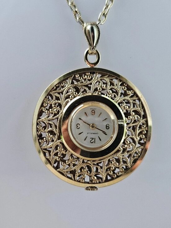 Vintage Caravelle Pocket Watch Gold Tone Watch Necklace Hand Winding Hand main image 6